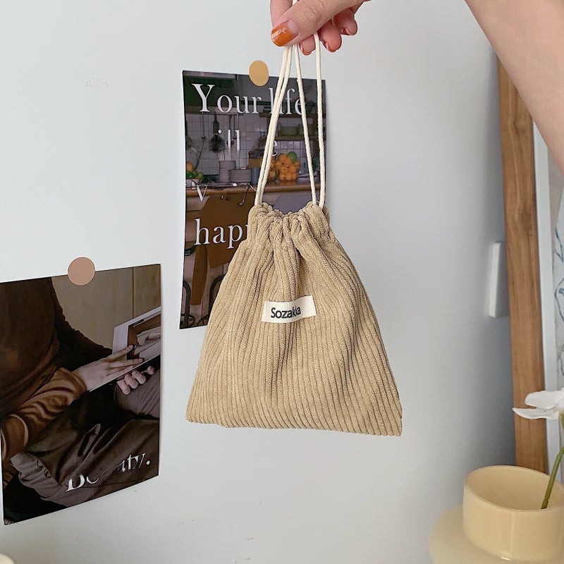Corduroy Pouch Drawstring Makeup Bag for Women Apricot 