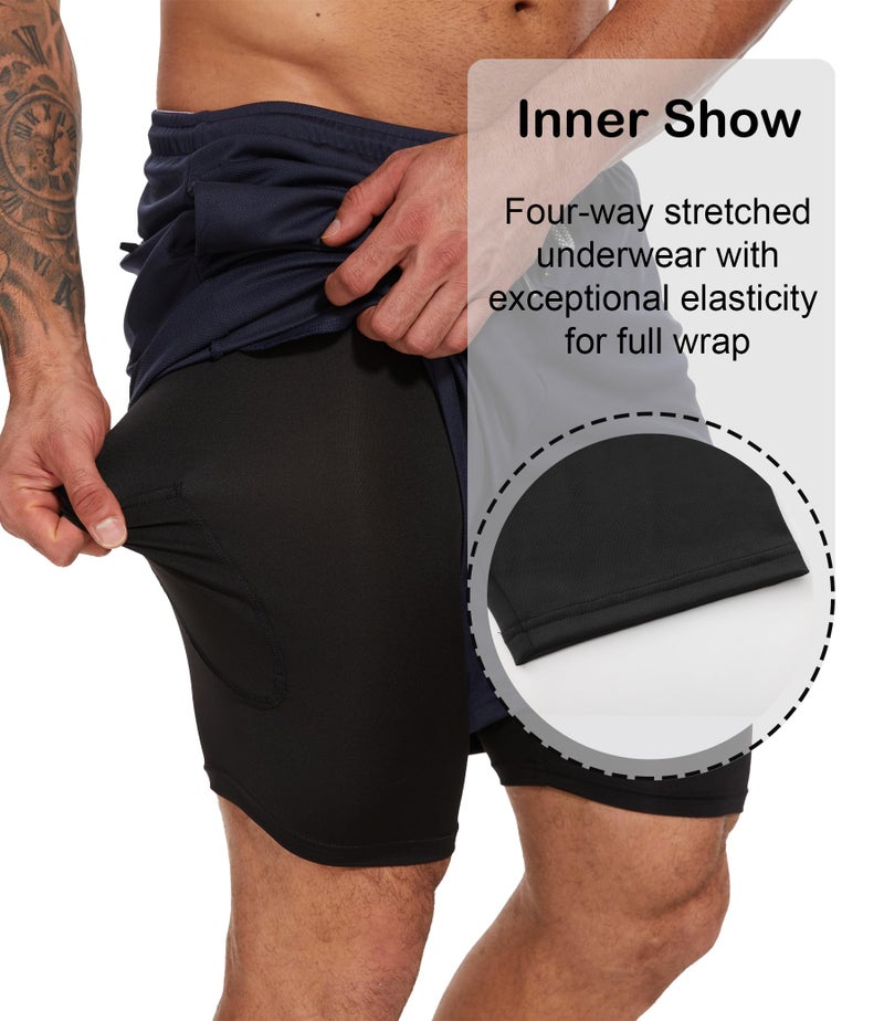 Kinglaman 4 Pack Mens 2 in 1 Running Workout Shorts with Liner, Gym Athletic Quick Dry Sport Shorts with Pockets 2 Black 1 Blue 1 Gray X-Large - Image 3