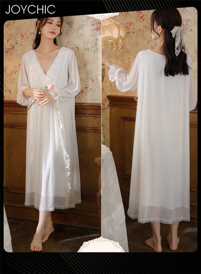 Joychic Palace style Long-sleeved Mesh Nightgown for Women Spring and Autumn Lace Loose Soft and Breathable Pajamas Night V-neck Loungewear White - Image 1