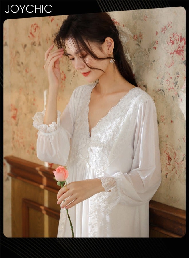 Joychic Palace style Long-sleeved Mesh Nightgown for Women Spring and Autumn Lace Loose Soft and Breathable Pajamas Night V-neck Loungewear White - Image 3