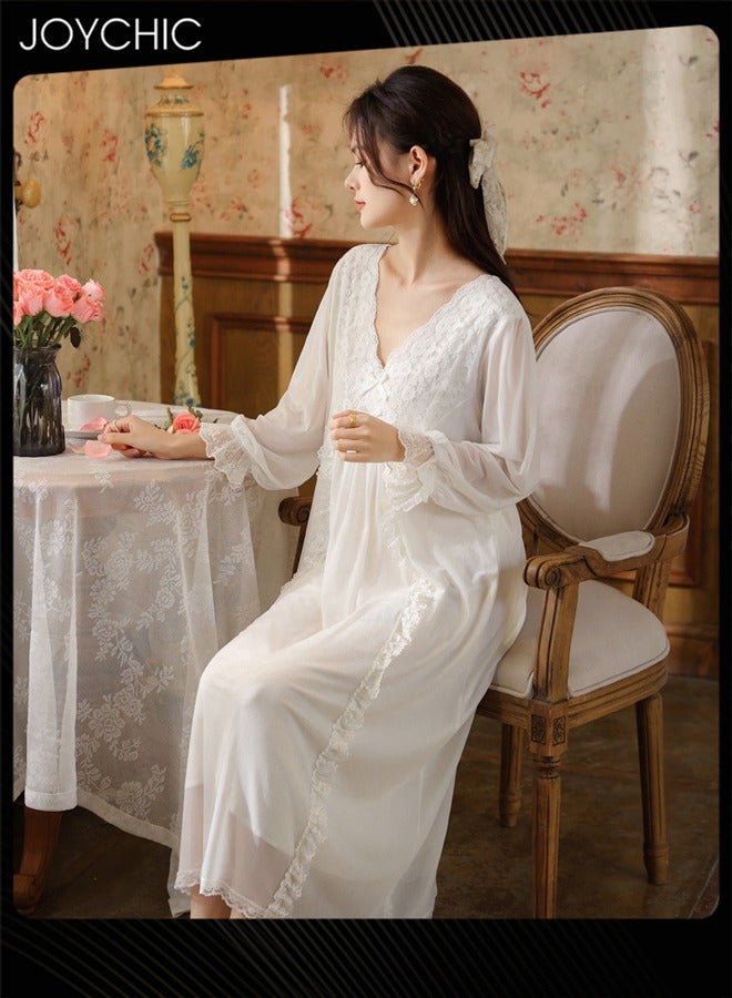 Joychic Palace style Long-sleeved Mesh Nightgown for Women Spring and Autumn Lace Loose Soft and Breathable Pajamas Night V-neck Loungewear White - Image 2