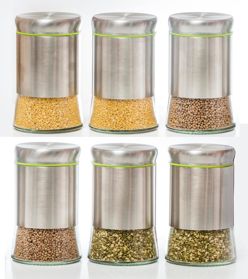 Mevanta Modern 550ML Steel Cover Window Clear Glass Jars Set Stainless Steel Containers with Lids for Storage Coffee,Tea,Candy,Flour,Spices,Home & Kitchen Decoration (VM-02, SET OF 6) - Image 1