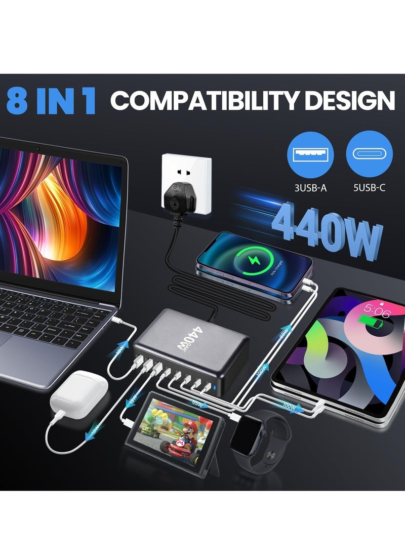 ANYOUI 440W USB A&USB C Charger 8 Ports, Multi-ports Desktop Charging Station Power Adapter Laptop Charger, Fast Charge Wall Plug with 1.5m Power Cord Black  - Image 2