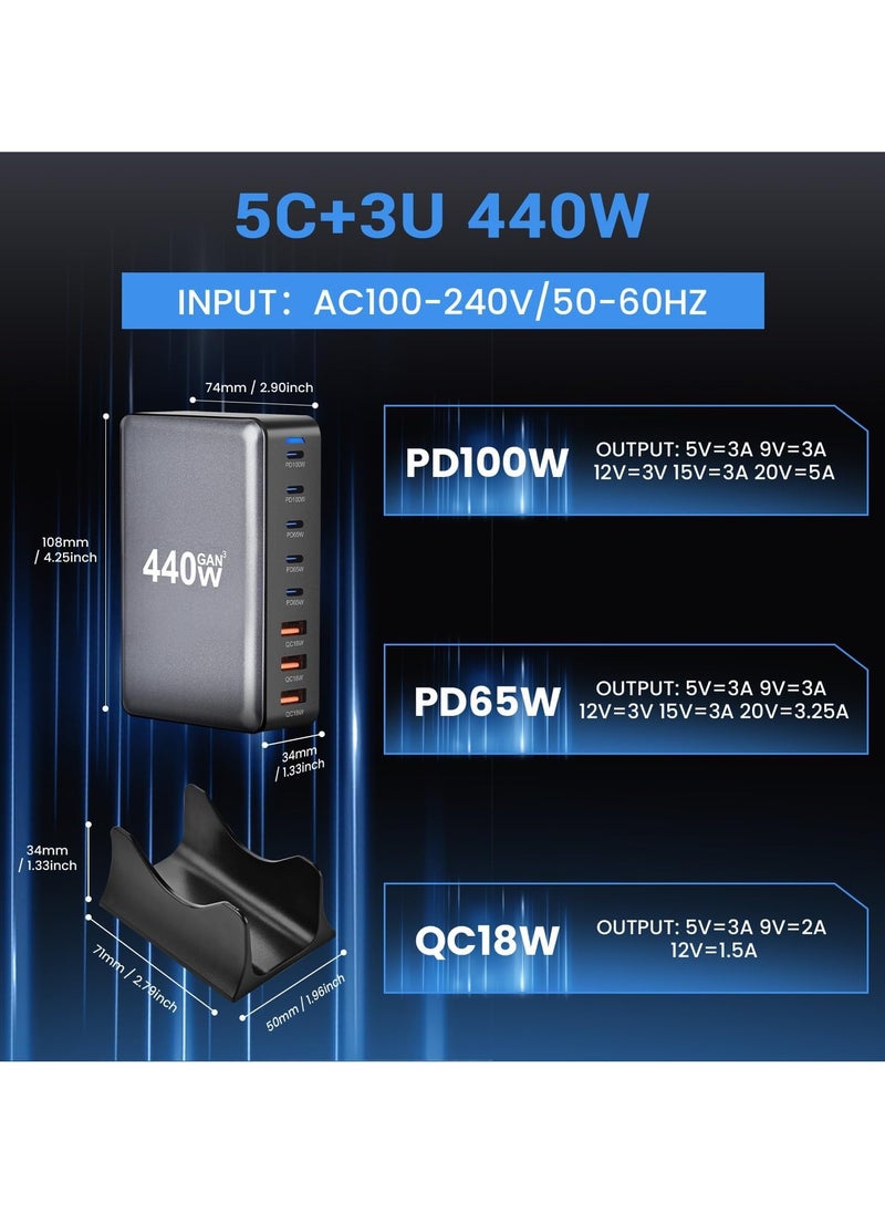 440W USB A&USB C Charger 8 Ports, Multi-ports Desktop Charging Station Power Adapter Laptop Charger, Fast Charge Wall Plug with 1.5m Power Cord Black