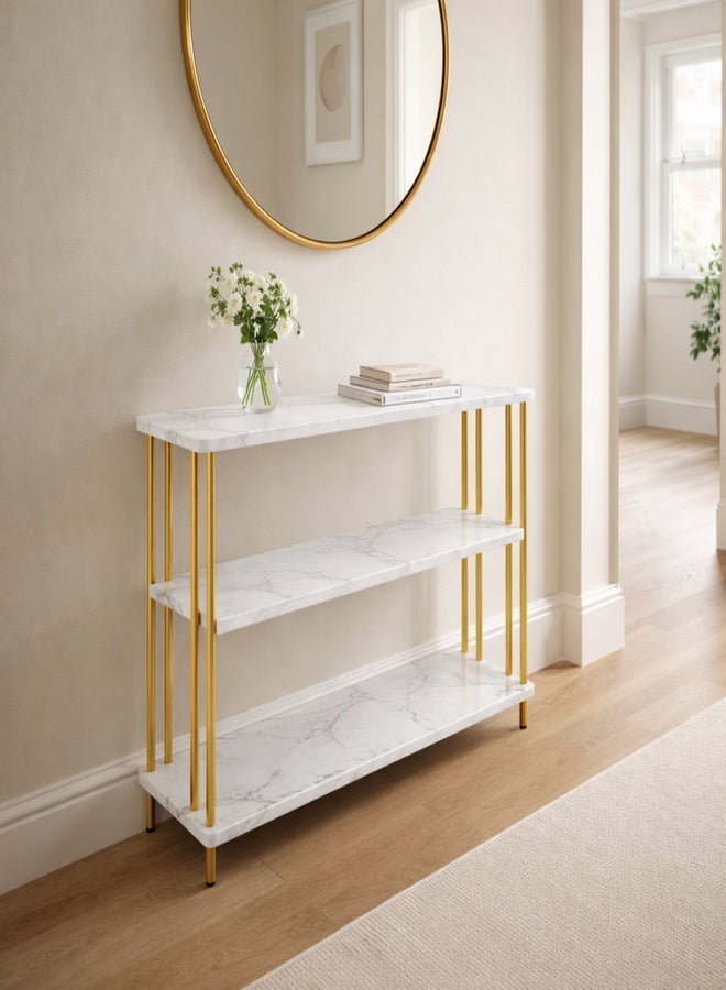 Harmony Home طاولة جانبية للكنبة ثلاثية الطبقات من هارموني هوم، طاولة قهوة بأسلوب نوردك الحديث مع سطح طاولة من الرخام، مناسبة لغرفة النوم، غرفة المعيشة والمكتب (أبيض) - Image 1