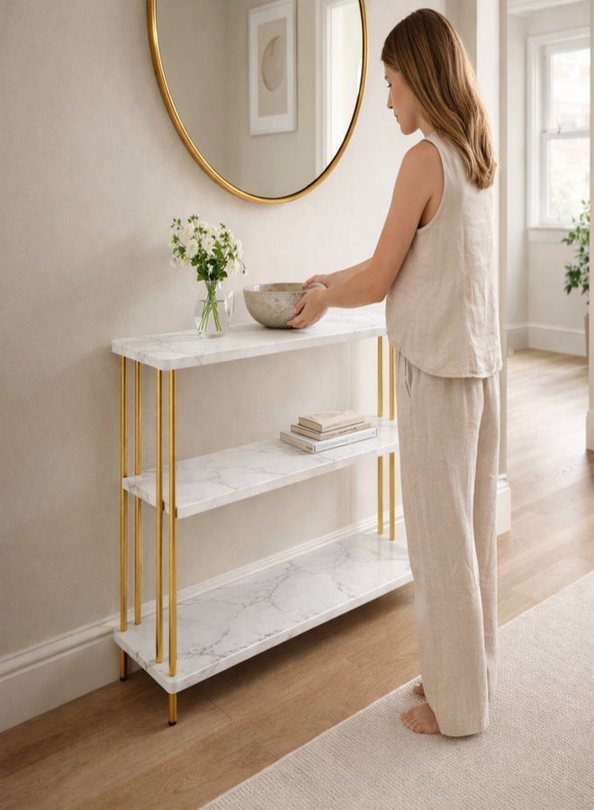 Harmony Home طاولة جانبية للكنبة ثلاثية الطبقات من هارموني هوم، طاولة قهوة بأسلوب نوردك الحديث مع سطح طاولة من الرخام، مناسبة لغرفة النوم، غرفة المعيشة والمكتب (أبيض) - Image 3