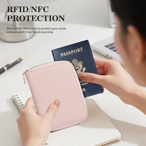 CoBak Passport Holder Cover with Safe Zipper Closure, Premium Passport Wallet for Travel, RFID Blocking Card Case, Waterproof Travel Accessories for Women, Pebbled Pink - Image 3