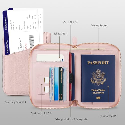 CoBak Passport Holder Cover with Safe Zipper Closure, Premium Passport Wallet for Travel, RFID Blocking Card Case, Waterproof Travel Accessories for Women, Pebbled Pink - Image 2