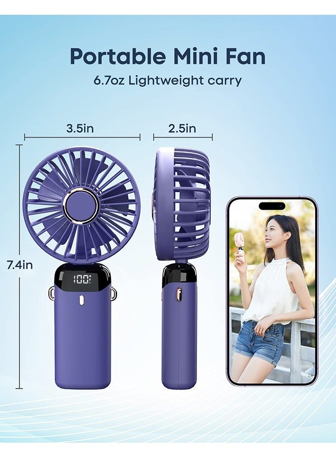 Portable Hand-Held Fan  LED Digital Display 5 Speeds Wind Office Desktop Multifunctional Folding Mini Electric Fan With A Neck Lanyard - Image 2