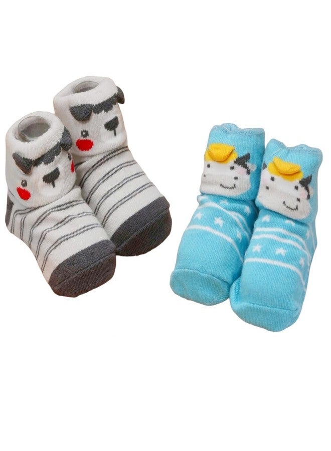 Yellow Bee Cow Print Anti-Skid Socks for Boys- Pack of 2, Blue and Grey, 6-12 Months - Image 1
