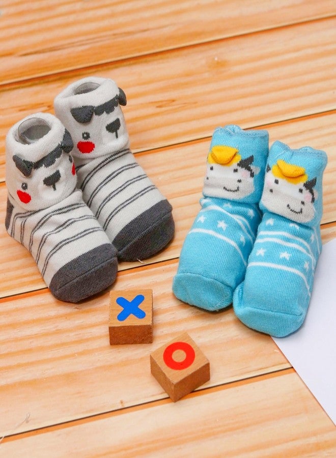 Yellow Bee Cow Print Anti-Skid Socks for Boys- Pack of 2, Blue and Grey, 6-12 Months - Image 2