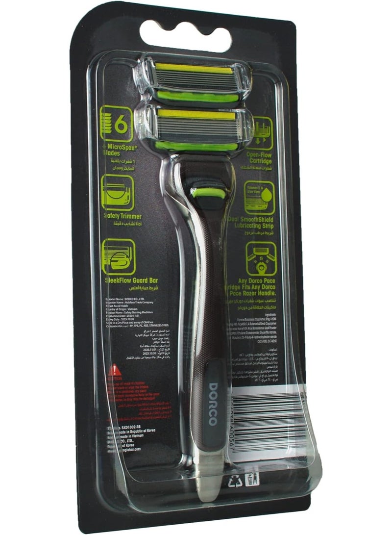 DORCO Pace 6 Pro 6-Blade System Razor - 1 Handle + 2 Heads - Image 2