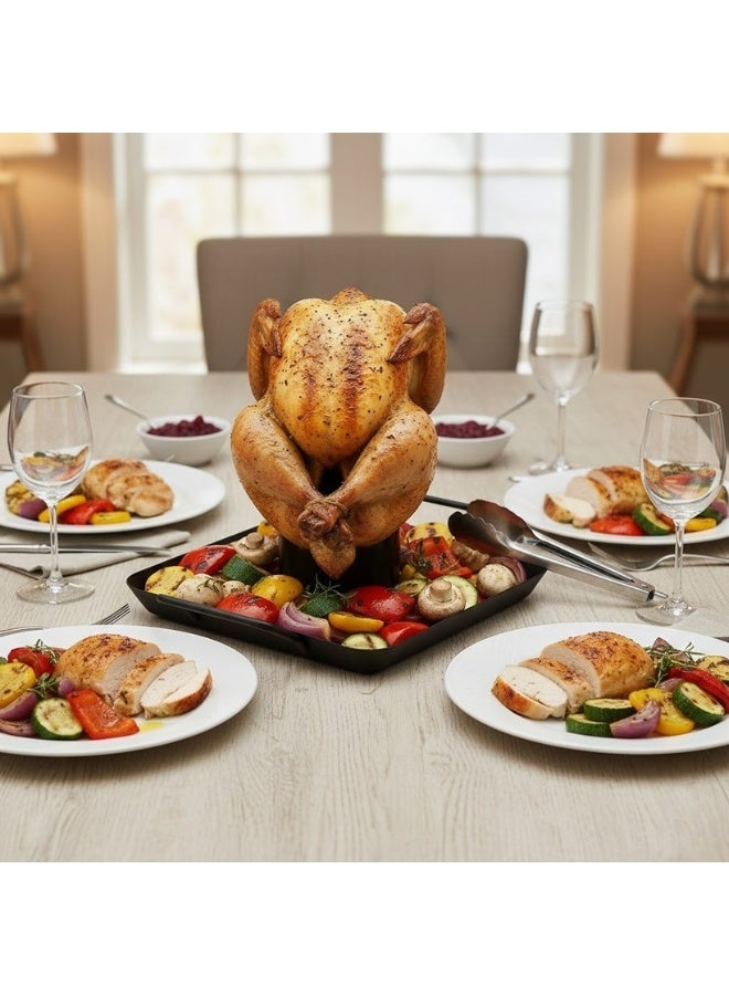 هابي هوم صينية شواء وتحمير الدجاج والديك الرومي بأسطوانة عمودية من المعدن – مثالية للباربكيو أو الفرن لتحضير دجاجة مشوية متساوية الطهي ومليئة بالعصارة – أدوات واكسسوارات شواء، مقاس 18×18سم - Image 3