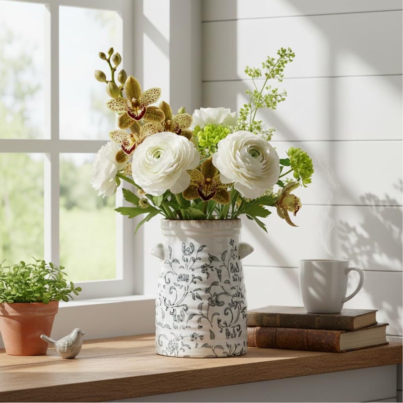 SIDUCAL Ceramic Gray and White Vase with 2-Ear, 8 Inch Ice Cracked Vintage Pastoral Vase, Rustic Farmhouse Vases for Home Decor, Table, Living Room, Shelf Decor, Chinoiserie Decor, Gray Floral Pattern - Image 5