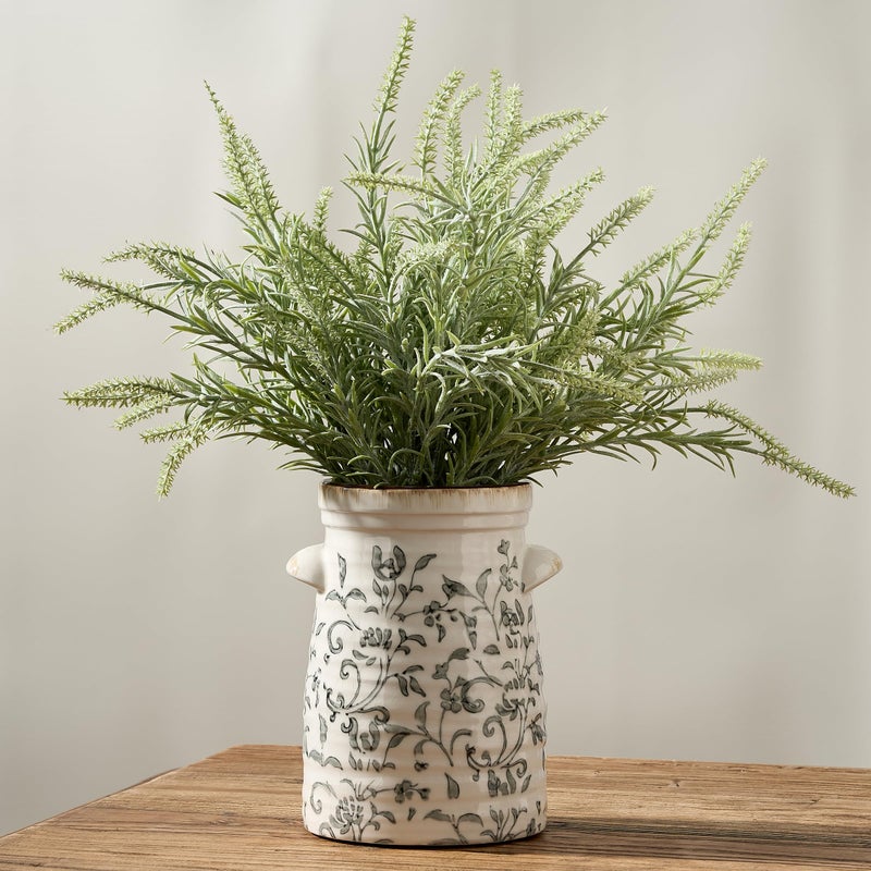 SIDUCAL Ceramic Gray and White Vase with 2-Ear, 8 Inch Ice Cracked Vintage Pastoral Vase, Rustic Farmhouse Vases for Home Decor, Table, Living Room, Shelf Decor, Chinoiserie Decor, Gray Floral Pattern - Image 1