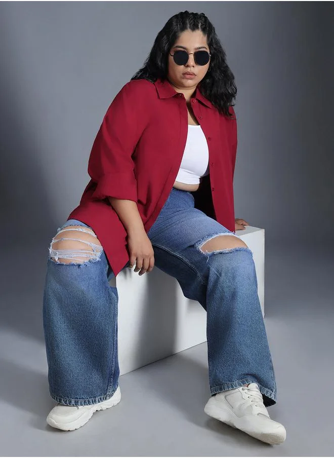 HIGH STAR Plus Size Solid Longline Relaxed Fit Shirt by Styli