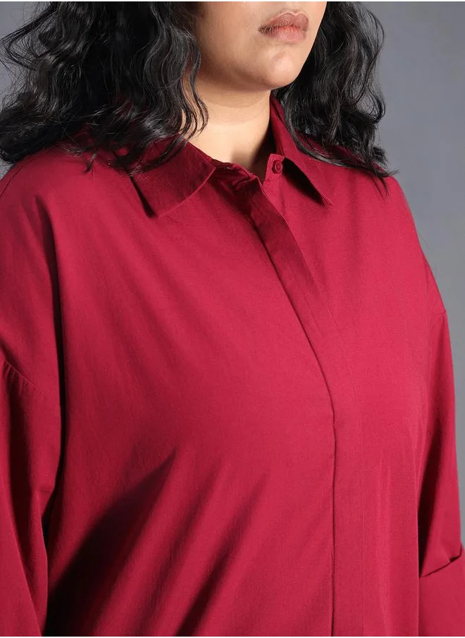 هاي ستار Plus Size Solid Longline Relaxed Fit Shirt