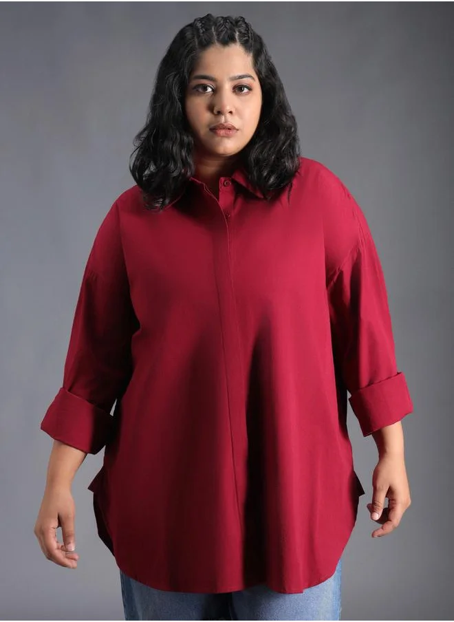 هاي ستار Plus Size Solid Longline Relaxed Fit Shirt