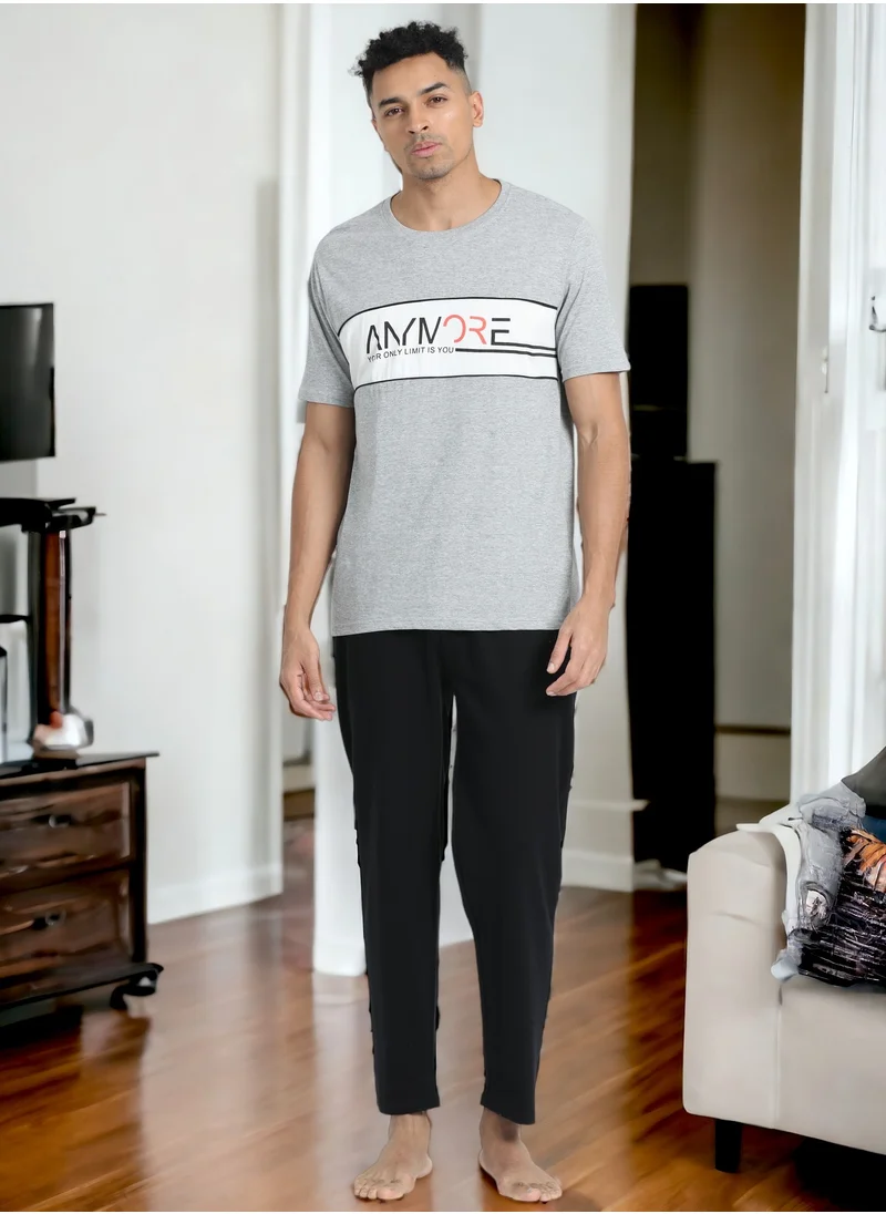 victor and jane Men's Cotton Pyjama Sets with Round Neck T-shirt in Grey and Black long pants