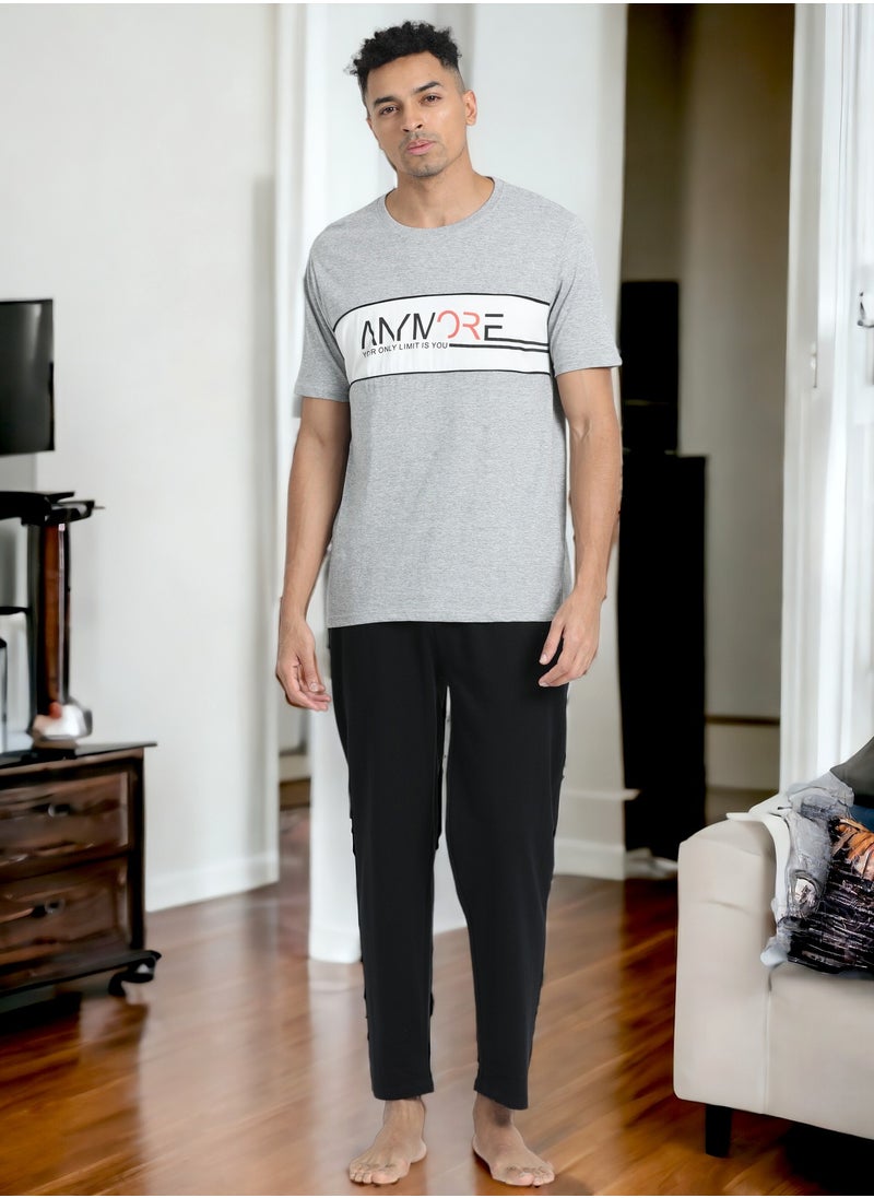 victor and jane - Men's Cotton Pyjama Sets with Round Neck T-shirt in Grey and Black long pants - Image 1
