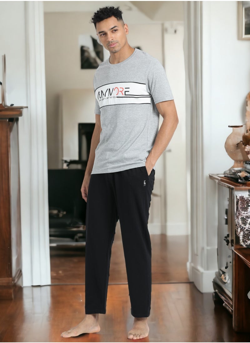 victor and jane - Men's Cotton Pyjama Sets with Round Neck T-shirt in Grey and Black long pants - Image 1