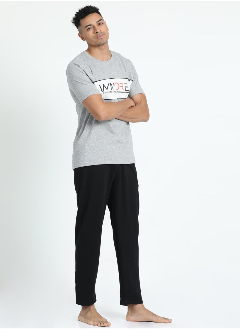 victor and jane - Men's Cotton Pyjama Sets with Round Neck T-shirt in Grey and Black long pants - Image 1