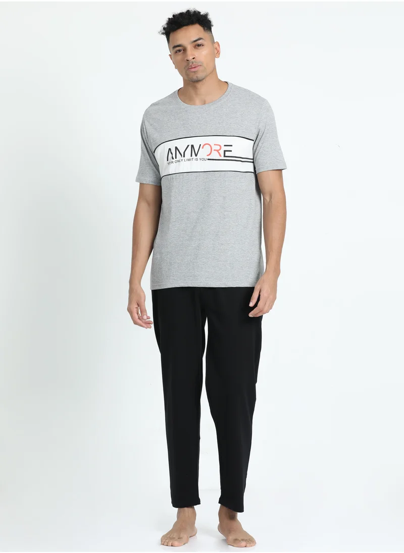victor and jane Men's Cotton Pyjama Sets with Round Neck T-shirt in Grey and Black long pants