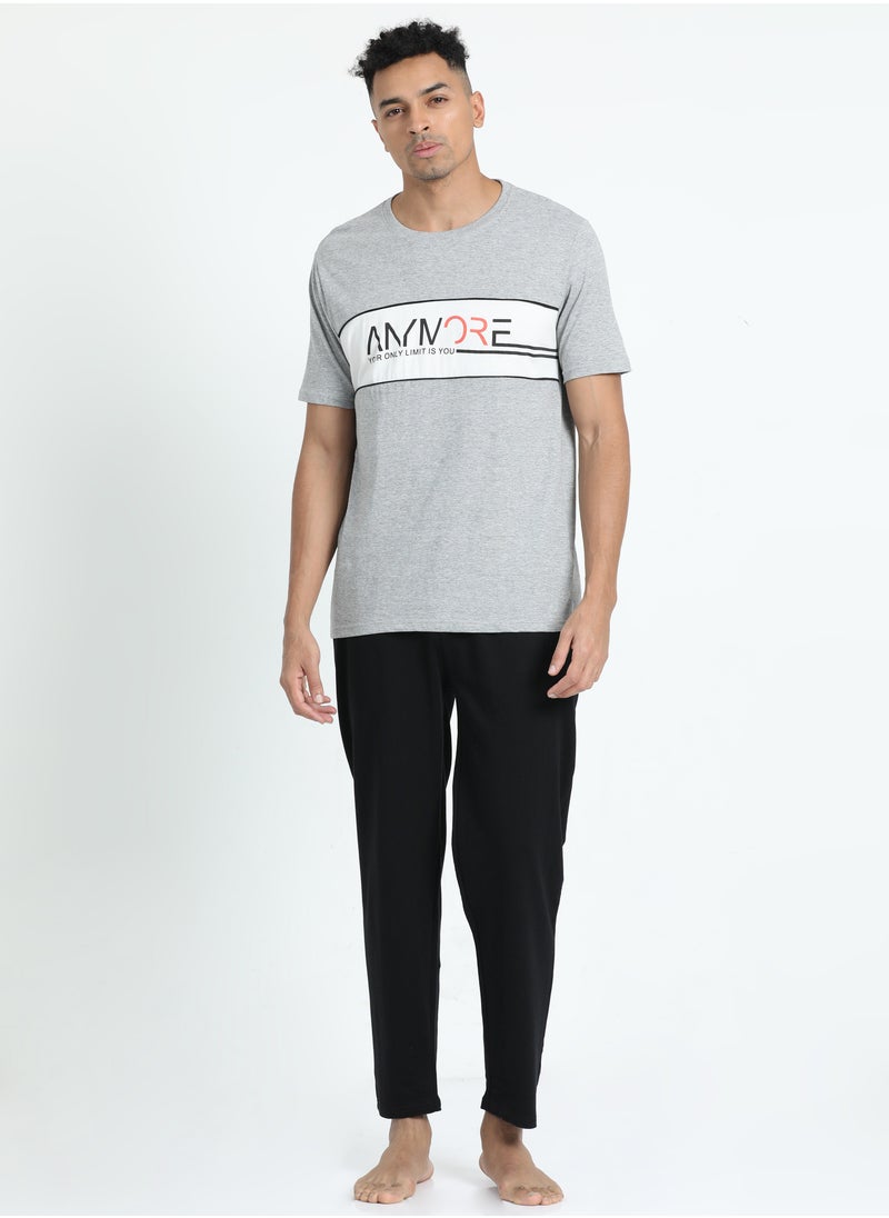 victor and jane - Men's Cotton Pyjama Sets with Round Neck T-shirt in Grey and Black long pants - Image 1