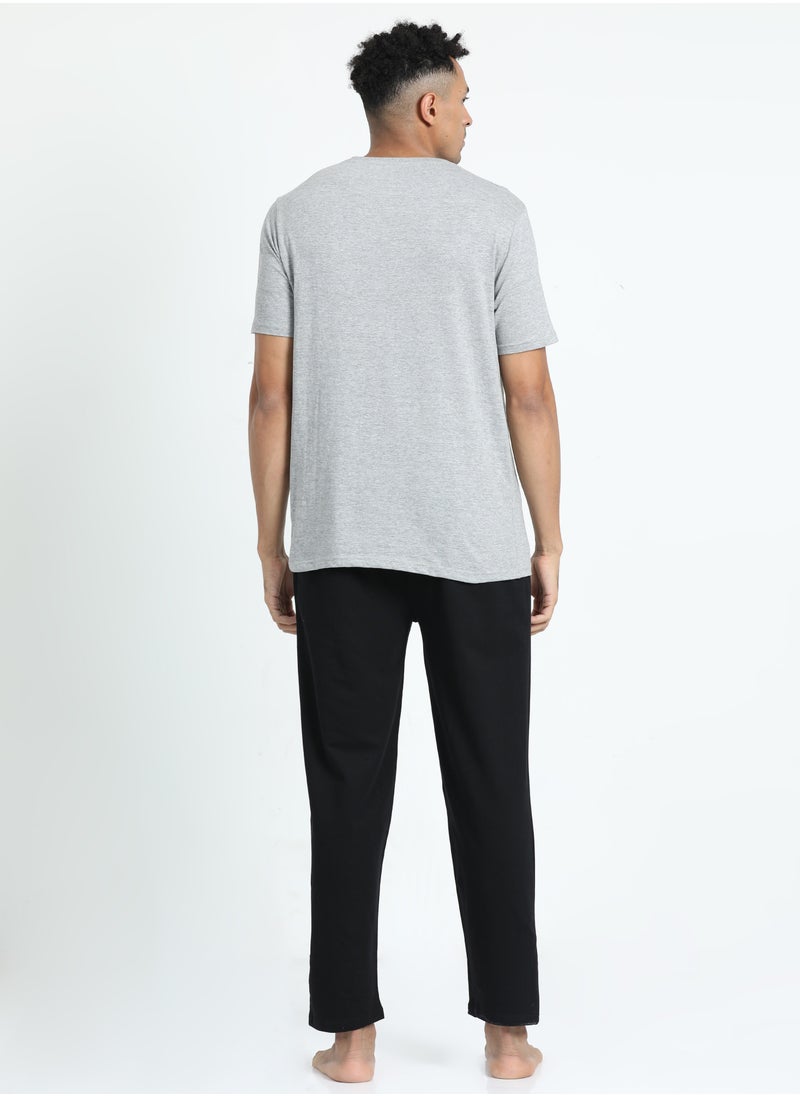 victor and jane - Men's Cotton Pyjama Sets with Round Neck T-shirt in Grey and Black long pants - Image 1