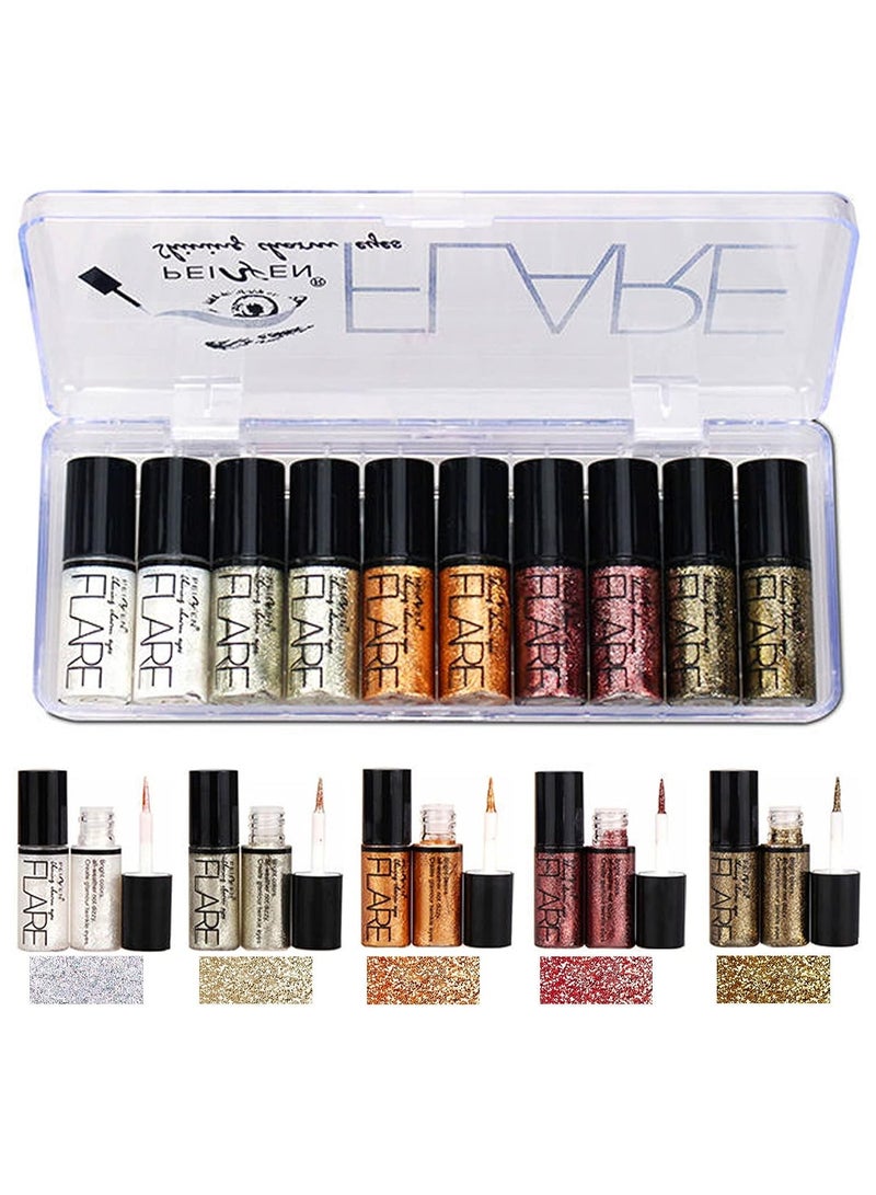 BP مجموعة قلم مكياج عيون سائل لامع بـ 10 ألوان، كحل لامع معدني ذهبي متعدد الألوان، كحل لامع مقاوم للماء يدوم طويلاً، مجموعة أقلام ظل عيون سائلة… - Image 2