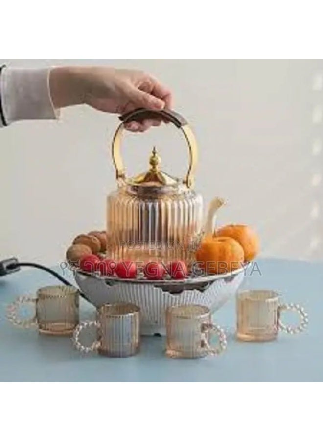 5-Piece Amber Ribbed Glass Tea Set - Heat-Resistant Teapot with Gold Infuser + 4 Amber Mugs (200ml) - Image 3