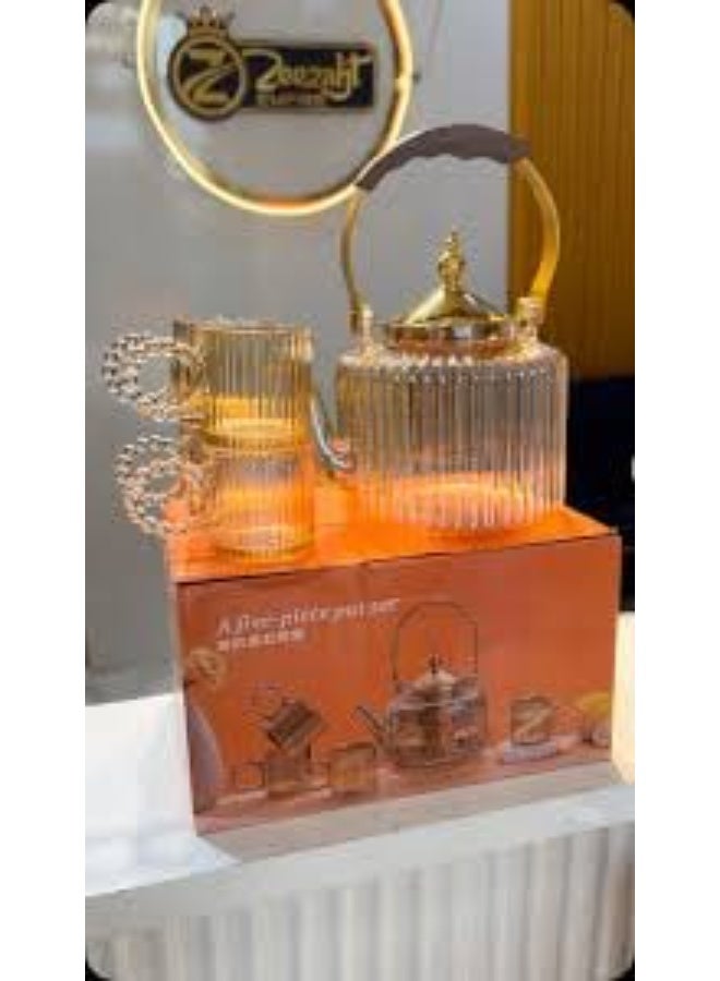 5-Piece Amber Ribbed Glass Tea Set - Heat-Resistant Teapot with Gold Infuser + 4 Amber Mugs (200ml) - Image 4