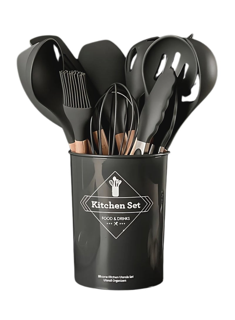 فيو مجموعة كبيرة من 12 قطعة من أدوات الطهي السيليكونية مقاومة للحرارة حتى 230 درجة مئوية، ملعقة تقليب، ملقط، ملعقة، فرشاة، خادم سباغيتي، مغرفة، خفاقة، مقبض خشبي، حامل رمادي للأواني غير اللاصقة، أدوات المطبخ، مساعدات المطبخ، أدوات المطبخ، مجموعة أدوات المطبخ خالية من BPA. - Image 2