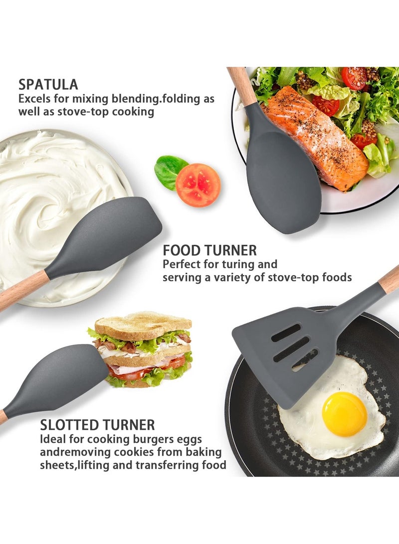 فيو مجموعة كبيرة من 12 قطعة من أدوات الطهي السيليكونية مقاومة للحرارة حتى 230 درجة مئوية، ملعقة تقليب، ملقط، ملعقة، فرشاة، خادم سباغيتي، مغرفة، خفاقة، مقبض خشبي، حامل رمادي للأواني غير اللاصقة، أدوات المطبخ، مساعدات المطبخ، أدوات المطبخ، مجموعة أدوات المطبخ خالية من BPA. - Image 5