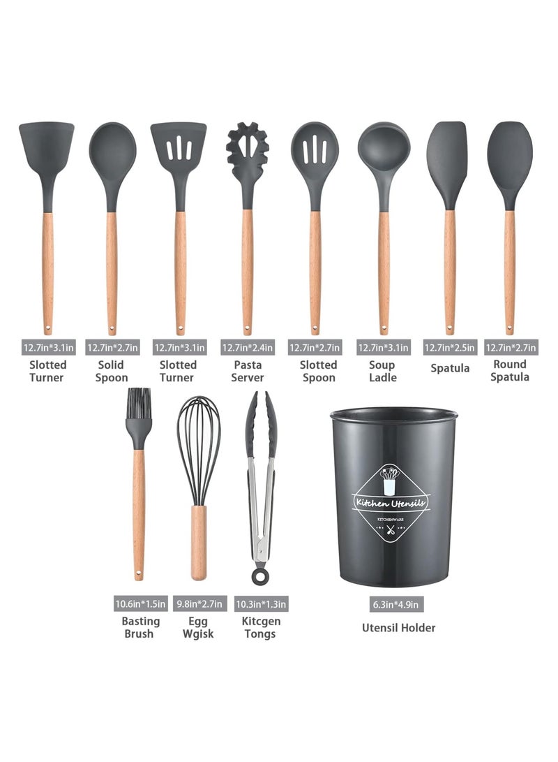 فيو مجموعة كبيرة من 12 قطعة من أدوات الطهي السيليكونية مقاومة للحرارة حتى 230 درجة مئوية، ملعقة تقليب، ملقط، ملعقة، فرشاة، خادم سباغيتي، مغرفة، خفاقة، مقبض خشبي، حامل رمادي للأواني غير اللاصقة، أدوات المطبخ، مساعدات المطبخ، أدوات المطبخ، مجموعة أدوات المطبخ خالية من BPA. - Image 3