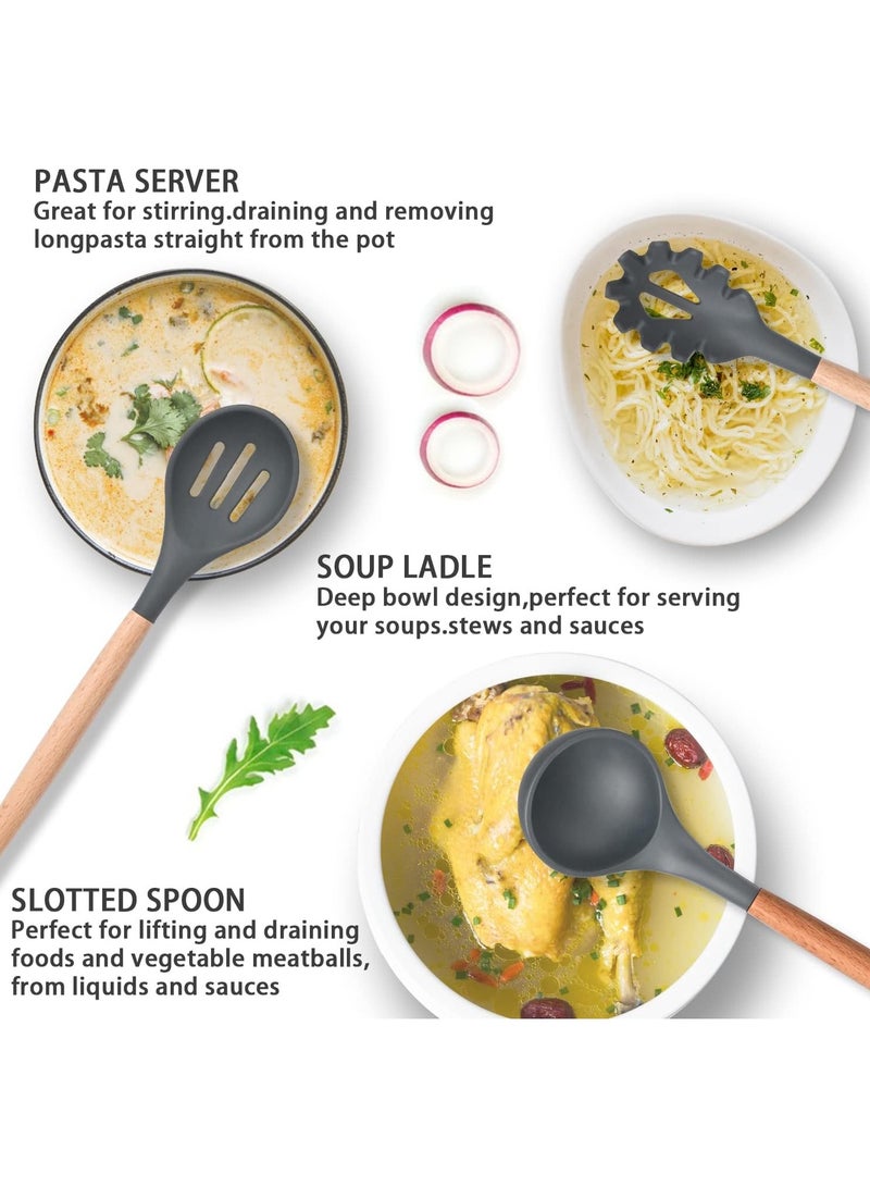 فيو مجموعة كبيرة من 12 قطعة من أدوات الطهي السيليكونية مقاومة للحرارة حتى 230 درجة مئوية، ملعقة تقليب، ملقط، ملعقة، فرشاة، خادم سباغيتي، مغرفة، خفاقة، مقبض خشبي، حامل رمادي للأواني غير اللاصقة، أدوات المطبخ، مساعدات المطبخ، أدوات المطبخ، مجموعة أدوات المطبخ خالية من BPA. - Image 4