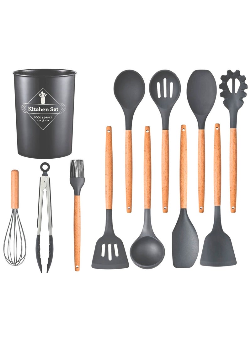 فيو مجموعة كبيرة من 12 قطعة من أدوات الطهي السيليكونية مقاومة للحرارة حتى 230 درجة مئوية، ملعقة تقليب، ملقط، ملعقة، فرشاة، خادم سباغيتي، مغرفة، خفاقة، مقبض خشبي، حامل رمادي للأواني غير اللاصقة، أدوات المطبخ، مساعدات المطبخ، أدوات المطبخ، مجموعة أدوات المطبخ خالية من BPA. - Image 1