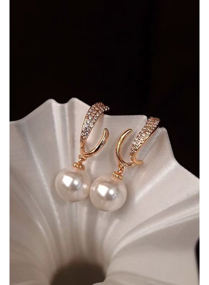 DAEVO Gold Plated Crescent Moon CZ Pearl Drop Hoop Earrings Women Elegant Vintage Dangle Daily Wedding Gift Jewelry - Image 4