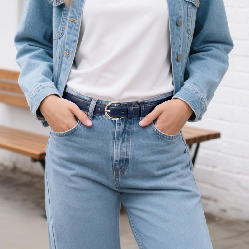 SANSTHS Women Leather Belt for Jeans Pants Fashion Ladies Skinny Belt for Dresses Thin Belt with Single Prong Buckle,navy blue,M - Image 4