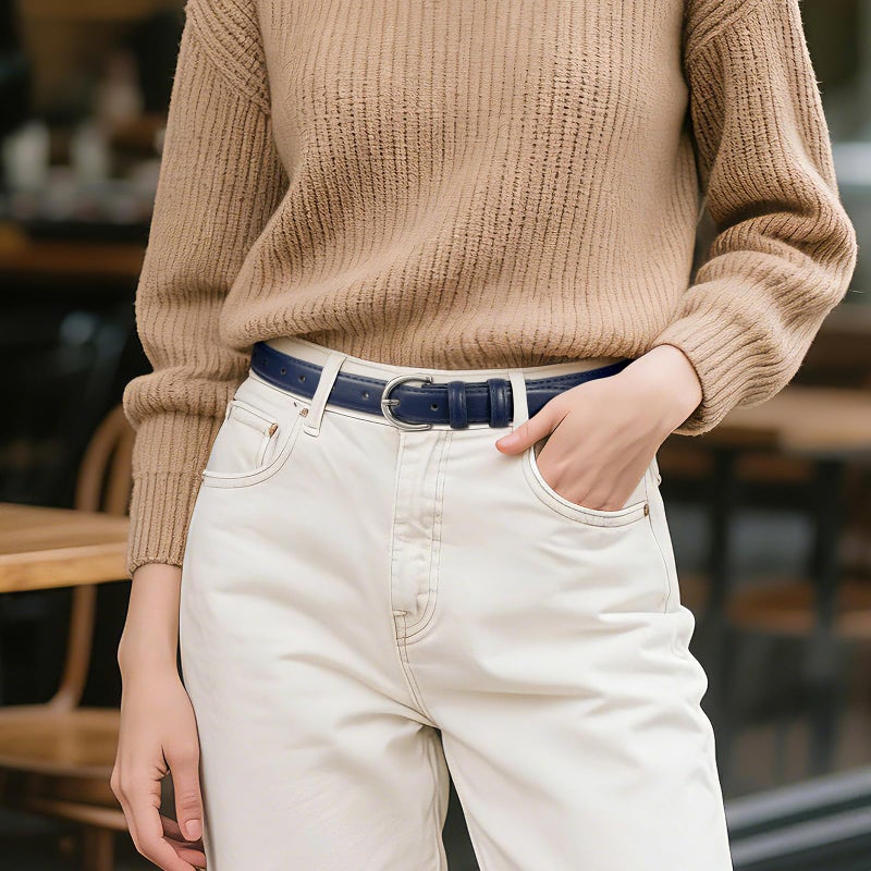 SANSTHS Women Leather Belt for Jeans Pants Fashion Ladies Skinny Belt for Dresses Thin Belt with Single Prong Buckle,navy blue,M - Image 3