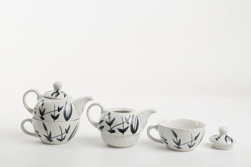 Caffeine Ceramic Handmade White Bamboo 2 in1 Tea Pot (Set of 2, Single Kettle with Cup) - Image 2