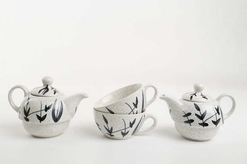 Caffeine Ceramic Handmade White Bamboo 2 in1 Tea Pot (Set of 2, Single Kettle with Cup) - Image 3