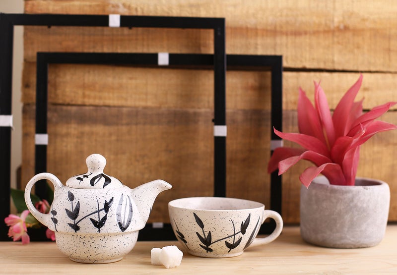 Caffeine Ceramic Handmade White Bamboo 2 in1 Tea Pot (Set of 2, Single Kettle with Cup) - Image 1