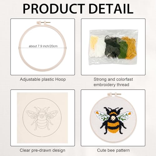 Nuberlic Punch Needle Kit for Beginners Cute Bee Pattern DIY Hoop Embroidery Punch Needle Starter Craft Set with Pre-Printed Fabric, Yarn, Frame & Tools Step-by-Step Introduction - Image 4