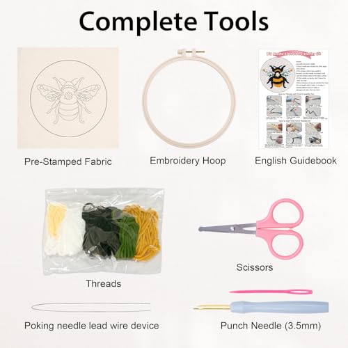 Nuberlic Punch Needle Kit for Beginners Cute Bee Pattern DIY Hoop Embroidery Punch Needle Starter Craft Set with Pre-Printed Fabric, Yarn, Frame & Tools Step-by-Step Introduction - Image 5