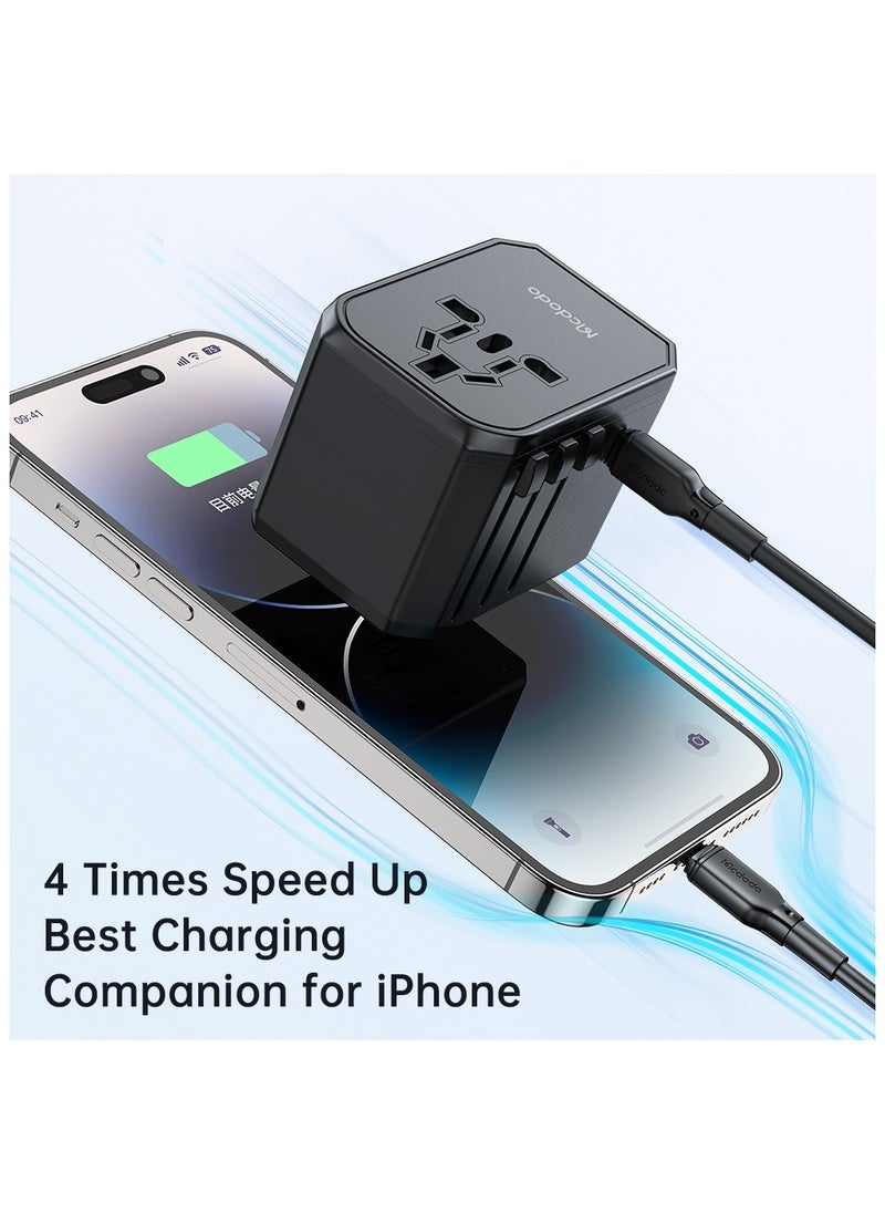 Mcdodo Mcdodo Ultra-Versatile Travel Adapter 30W - 3 USB + 1 Type-C Fast Charger, Compact International Power Adapter with UK/US/AU/EU Plugs, 100-240V Input, Child-Proof Safety, 8A Fuse Protection, Supports PD3.0, QC3.0, and More (Black)  - Image 5
