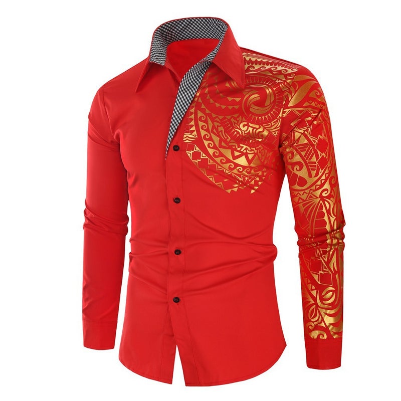 2021 New Fashion Men'S Shirt Gilded Printed Long Sleeve Shirt Men'S Shirt C38 Korean Version - Image 5
