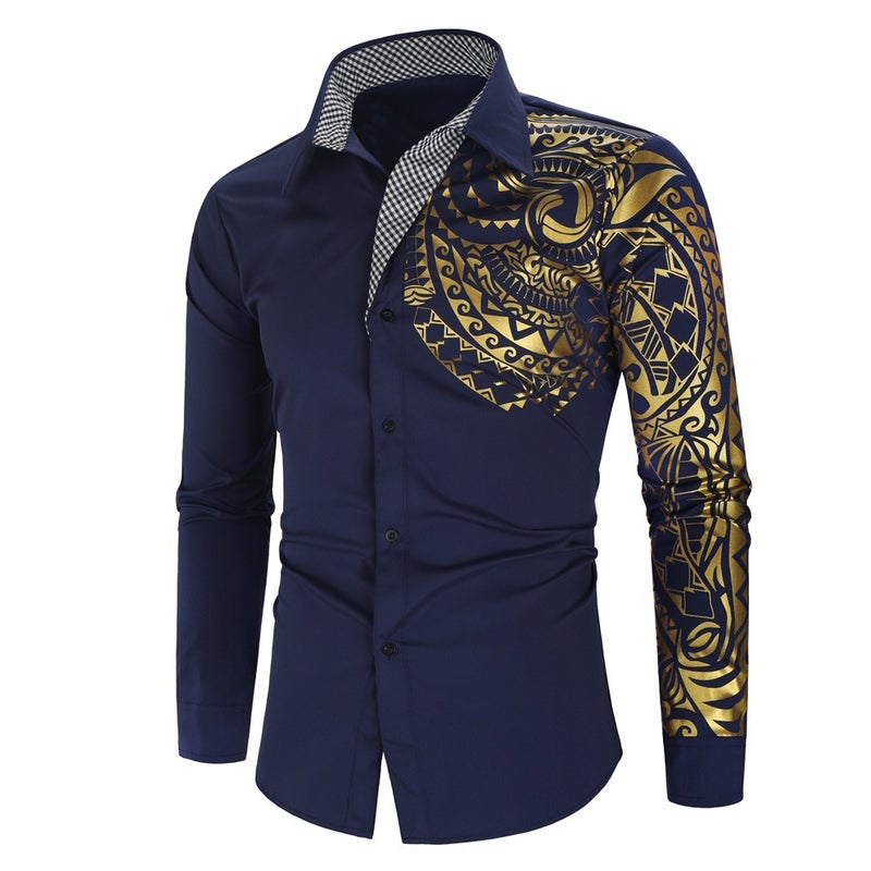 2021 New Fashion Men'S Shirt Gilded Printed Long Sleeve Shirt Men'S Shirt C38 Korean Version - Image 4
