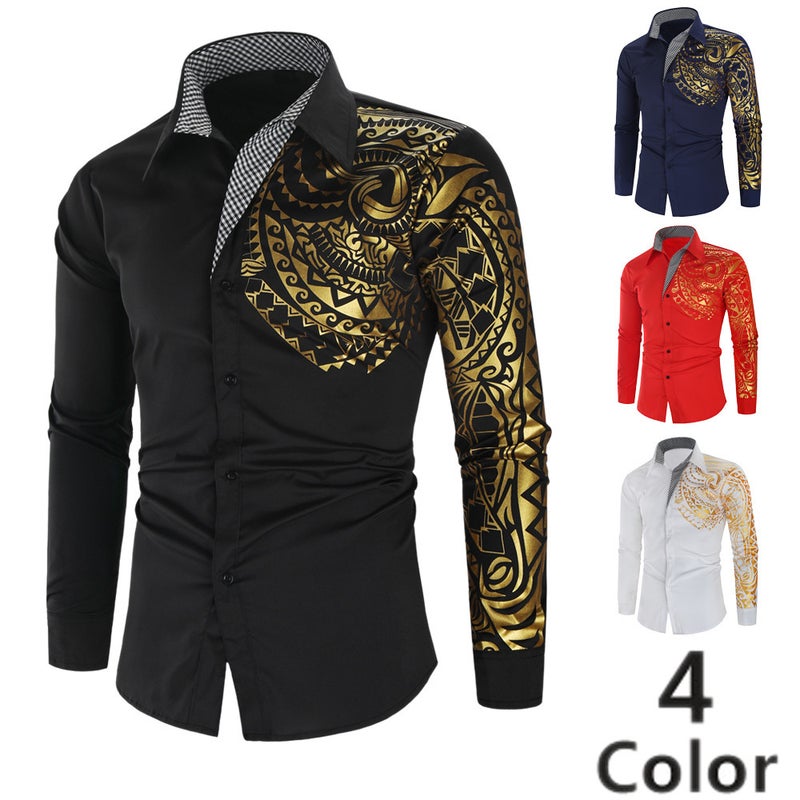 2021 New Fashion Men'S Shirt Gilded Printed Long Sleeve Shirt Men'S Shirt C38 Korean Version - Image 2