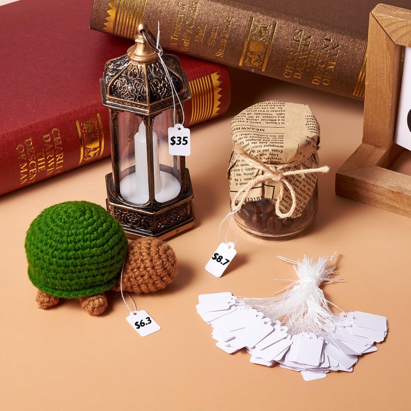 PH PandaHall Pandahall 500pcs White Jewelry Price Tags Clothing Display Tag Gift Message Card Writable Rectangle Paper Price Marking Label Design Blank with Hanging String 23x13mm/0.9x0.5 Inch - Image 3